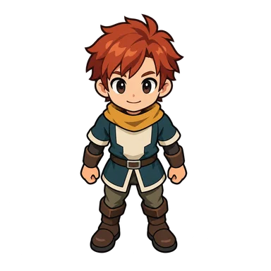 Traveler research reference with orange hair, a yellow scarf and travel gear